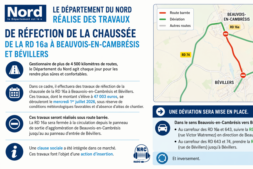 Beauvois-en-Cambrésis / Bévillers : La RD 16a fermée pour travaux le 1er juillet 2026