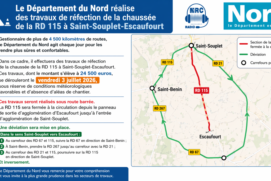 Saint-Souplet-Escaufourt : la RD 115 fermée à la circulation le 3 juillet pour travaux