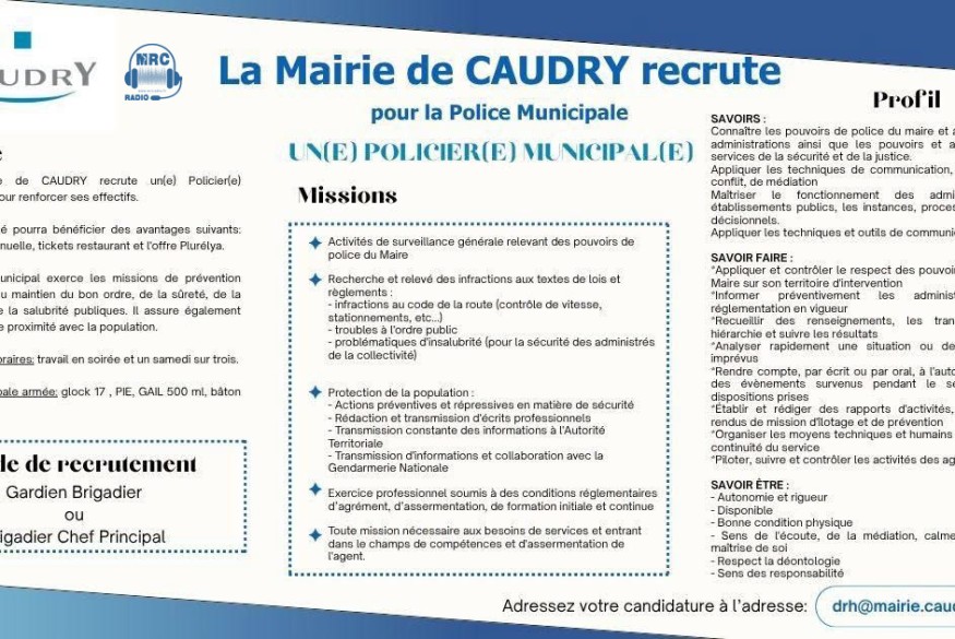 Emploi : La ville de Caudry recrute un policier municipal pour renforcer ses équipes